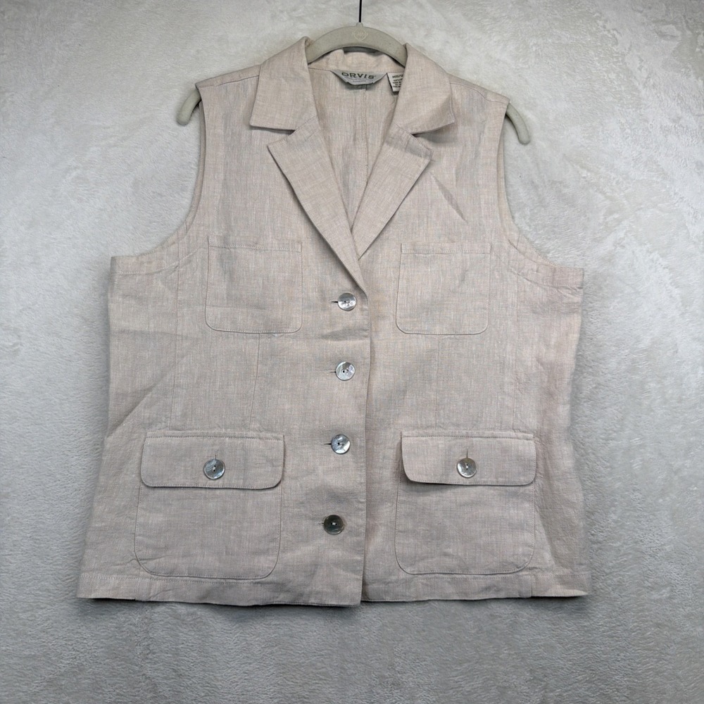 Orvis Women's 100% Linen Safari Utility Vest M 10/12 Beige Button Front Pockets
